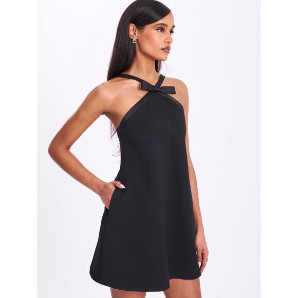 Caitlin Black Satin Trim Mini Dress with Bow - Picture 7 of 16